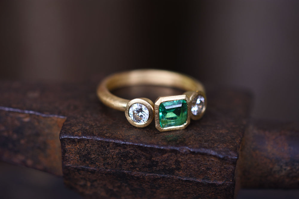 Emerald and Diamond Three Stone Ring