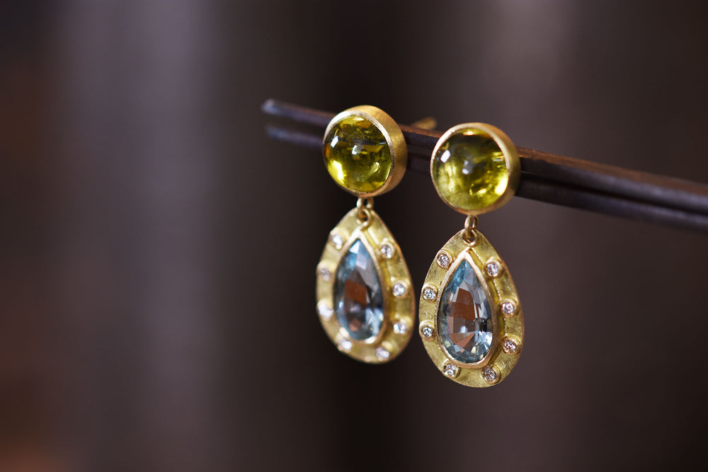 Aquamarine, Tourmaline and Diamond Drop Earrings
