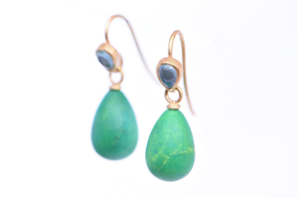 French Wire Earrings with Aquamarine and Greeen Turquoise