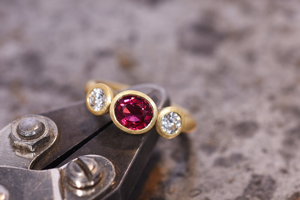 Spinel and Diamond Three Stone Ring