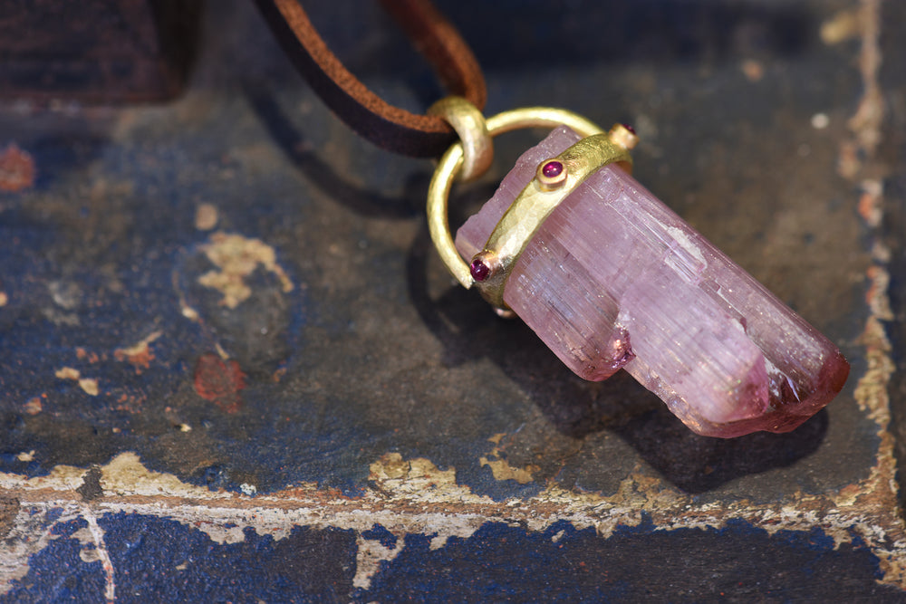 Pink Tourmaline and Ruby Crystalline Pendant