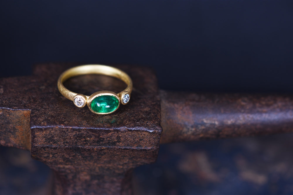 Emerald and Diamond Three Stone Ring