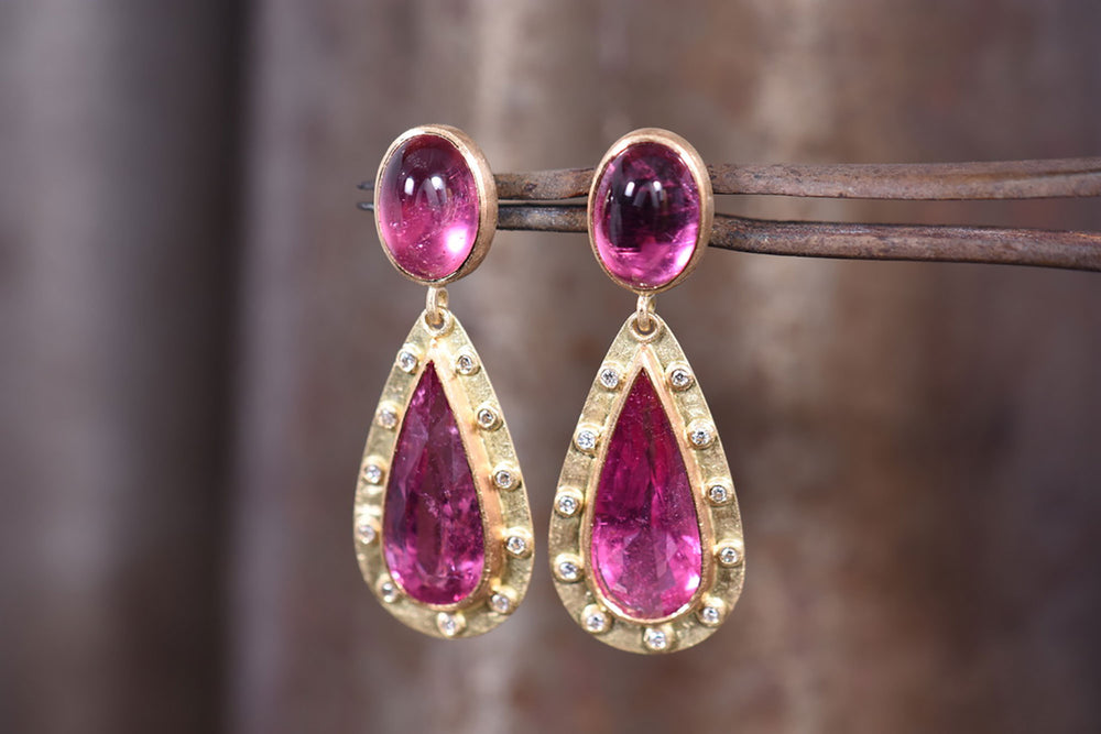 Pink tourmaline and diamond, 18ct yellow gold drop earrings.