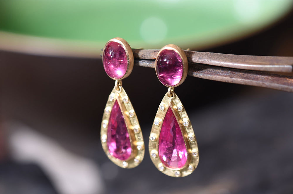 Pink tourmaline and diamond, 18ct yellow gold drop earrings.